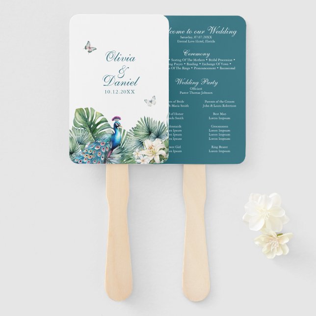 Abanico Programa de Boda de Flores Tropicales Verde Azulad (Anverso y reverso)