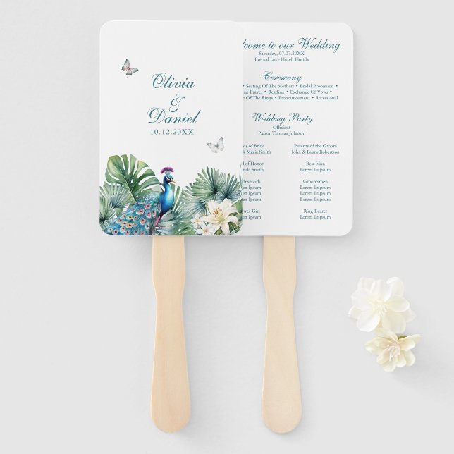 Abanico Programa de Boda de Flores Tropicales Verde Azulad (Anverso y reverso)