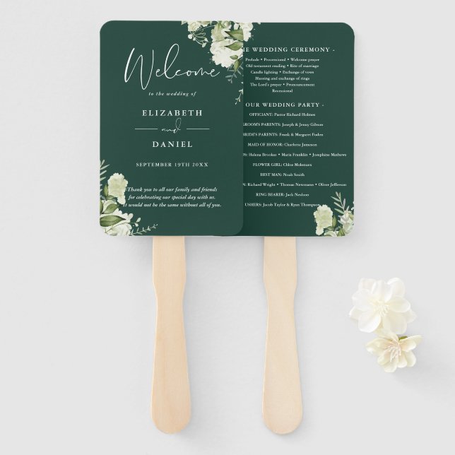 Abanico Programa de Boda de Floristería Verde Esmeralda (Anverso y reverso)