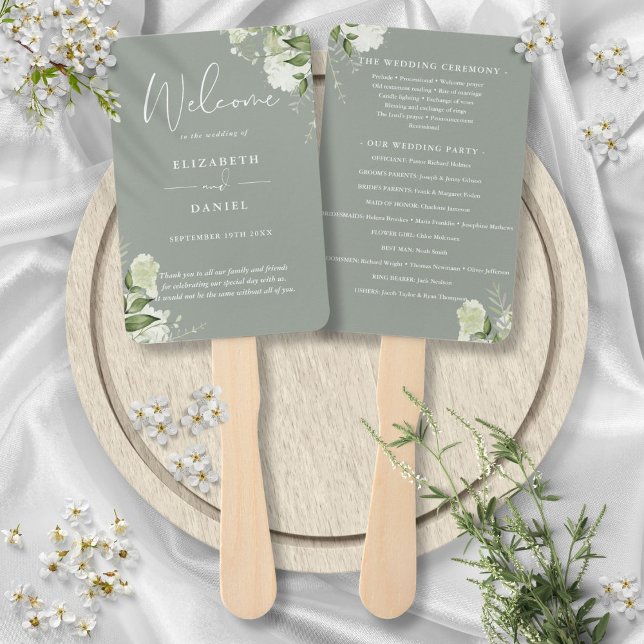 Abanico Programa de Boda de Floristería Verde Salvia (Sage Green Floral Greenery Wedding Program Hand Fan)