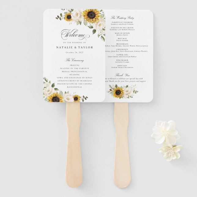 Abanico Programa de Boda de Girasoles Flores Blancas Verdo (Anverso y reverso)