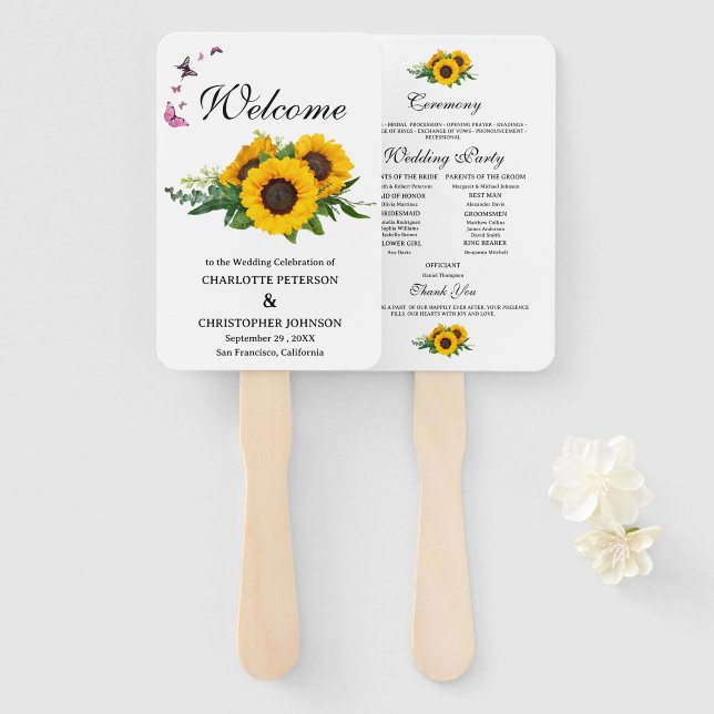 Abanico Programa de Boda de Girasoles Rústicos y Mariposas (Anverso y reverso)