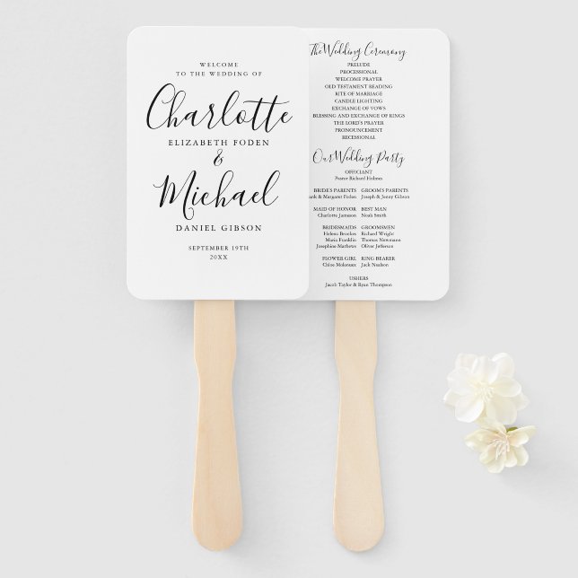 Abanico Programa De Boda De Guión De Firma En Blanco Y Neg (Anverso y reverso)