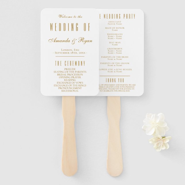 Abanico Programa de Boda de Guión Dorado Blanco Simple (Anverso y reverso)