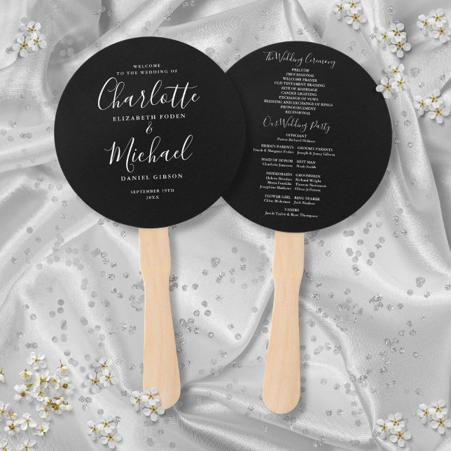 Abanico Programa De Boda De Guión Elegante En Blanco Y Neg (Black And White Elegant Script Wedding Program Hand Fan)