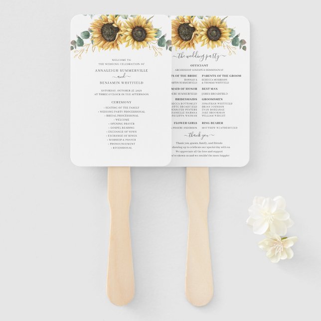 Abanico Programa de Boda de Hojas de Eucalipto y Girasol F (Anverso y reverso)