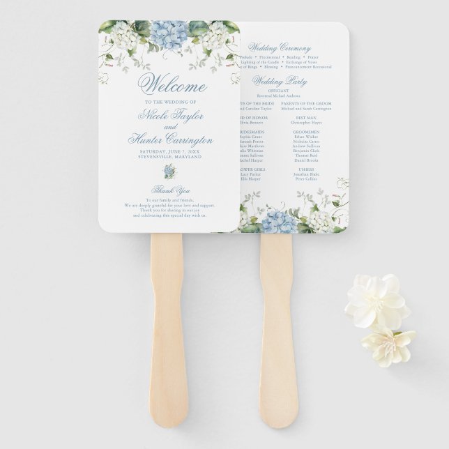 Abanico Programa de Boda de Hortensia Azul (Anverso y reverso)