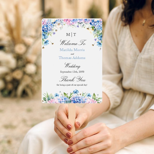 Abanico Programa de Boda de Hortensia Azul Claro Monograma (Subido por el creador)