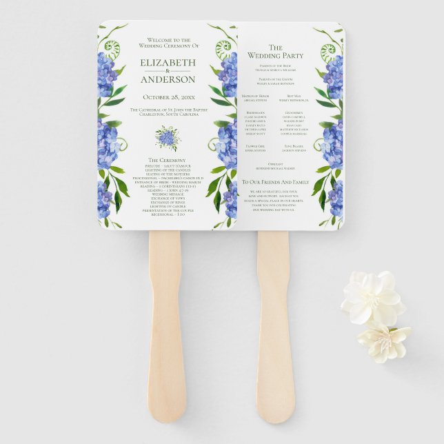 Abanico Programa de Boda de Hortensias Azules (Anverso y reverso)