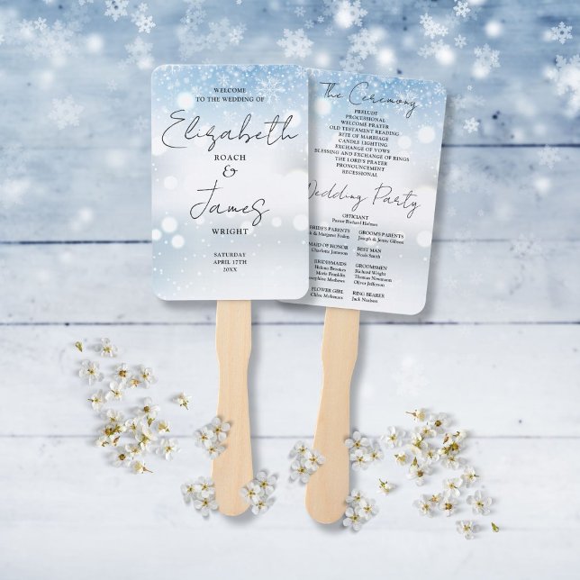 Abanico Programa de Boda de Invierno con Guión Moderno Sno (Modern Script Snowflakes Winter Wedding Program Hand Fan)