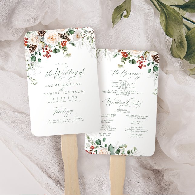 Abanico Programa de Boda de Invierno Floral Festivo (Festive Floral Holiday Winter Wedding Program Hand Fan)