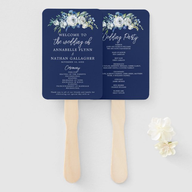 Abanico Programa de Boda de Invierno Moderno Floral Azul d (Anverso y reverso)