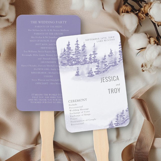 Abanico Programa de Boda de Lavanda con Acuarela Forestal  (Wedding Ceremony Programs from my Winter Forest Lavender Wedding Collection
)