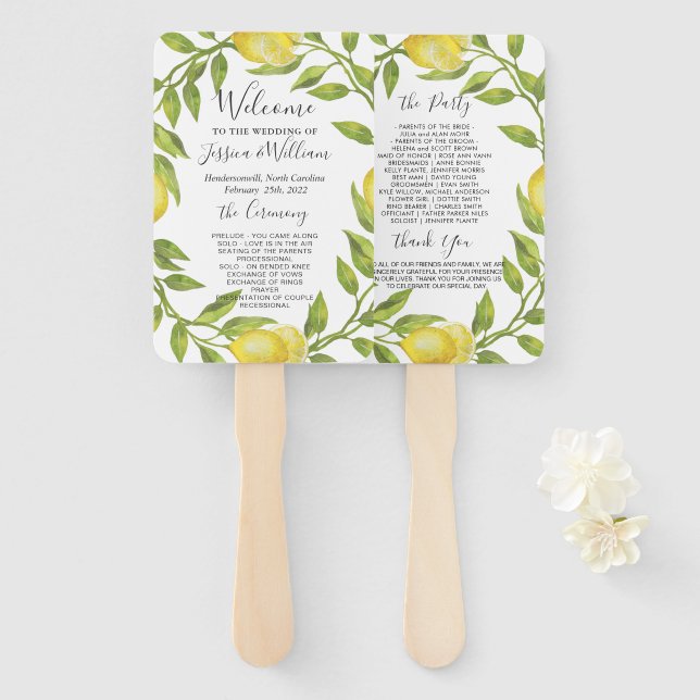 Abanico Programa de Boda de Lemons Greenery Blossom (Anverso y reverso)