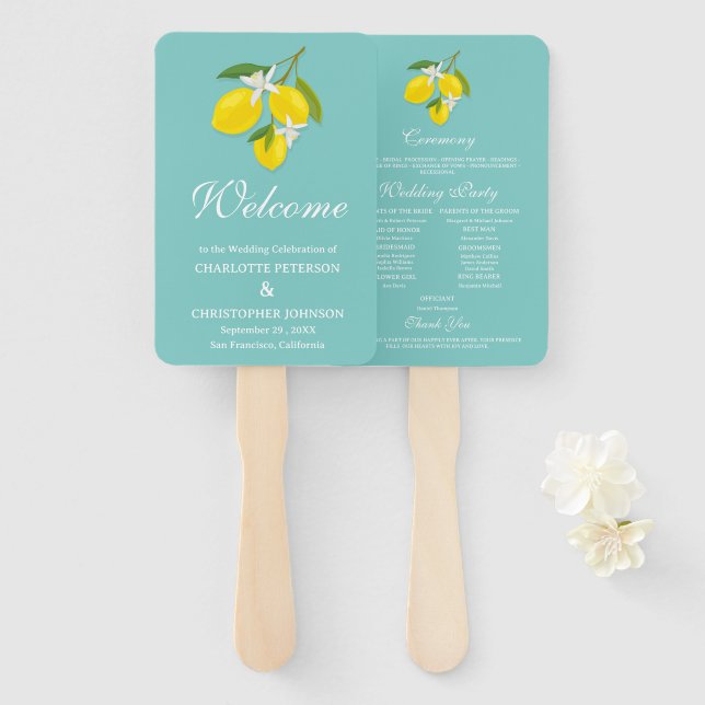 Abanico Programa de Boda de Limón Azul y Amarillo (Anverso y reverso)