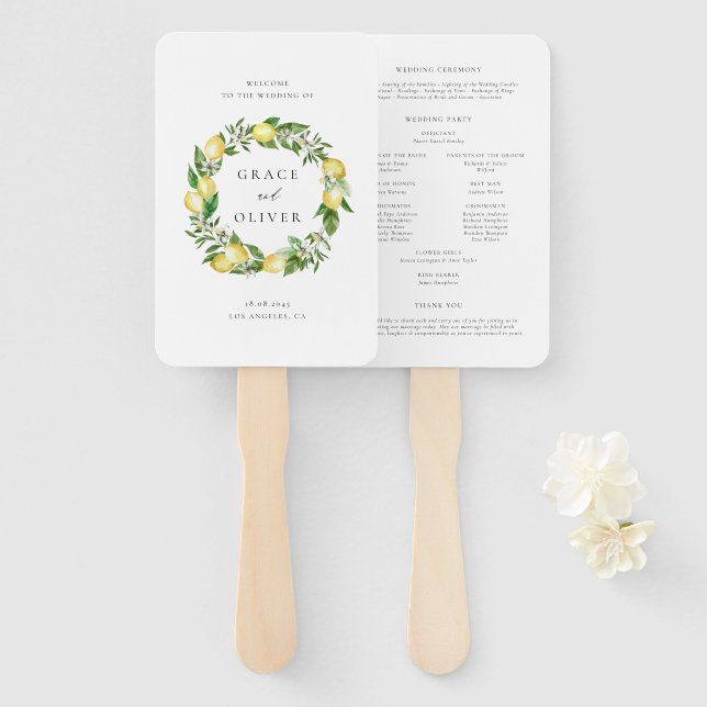 Abanico Programa de Boda de Limón Botánico y Verdor (Anverso y reverso)