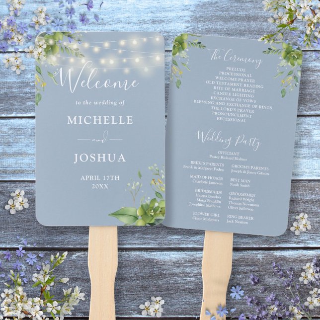 Abanico Programa de boda de luces de cuerda con verde azul (Greenery String Lights Dusty Blue Wedding Program Hand Fan)