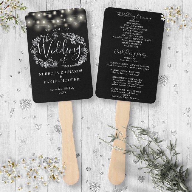 Abanico Programa De Boda De Luces De Cuerdas Blancas Y Neg (Black And White String Lights Wedding Program Hand Fan)