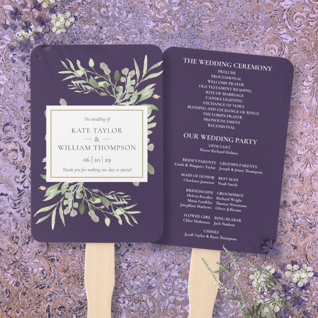 Abanico Programa de Boda de Madera de Lavanda Púrpura (Purple Lavender Greenery Wedding Program Hand Fan)