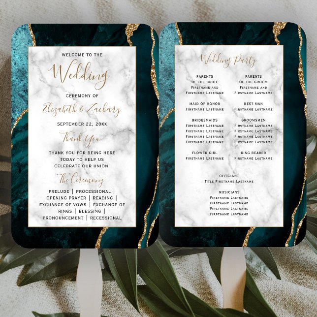 Abanico Programa de Boda de Mármol Ágata Teal Dorado (Subido por el creador)