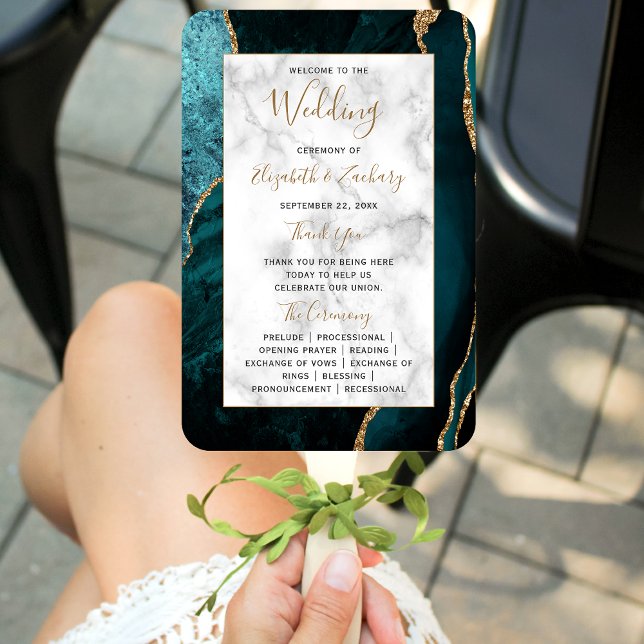 Abanico Programa de Boda de Mármol Ágata Teal Dorado (Subido por el creador)