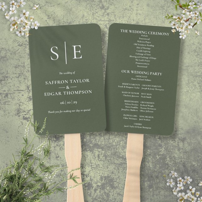 Abanico Programa de Boda de Monograma Verde Oliva (Olive Green Monogram Wedding Program Hand Fan)