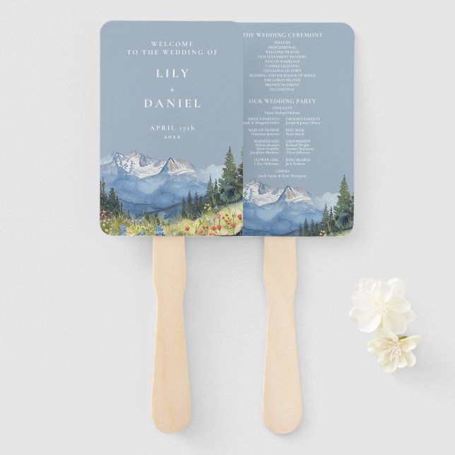 Abanico Programa de Boda de Montaña Aquarela Azul Polvo (Anverso y reverso)