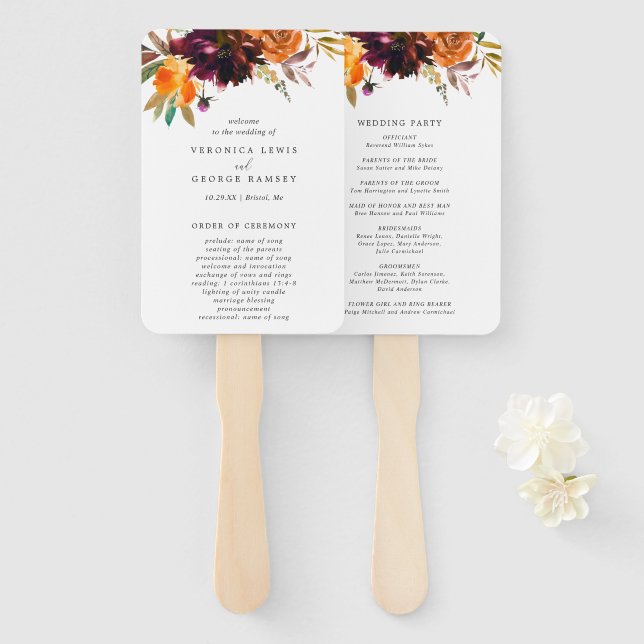 Abanico Programa de Boda de Naranja Burgundy Floral Fall (Anverso y reverso)