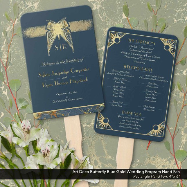 Abanico Programa de Boda de Oro Azul de Mariposa Azul Art  (Art Deco Butterfly Navy Blue and Antique Gold Wedding Ceremony Program Hand Fan: Size 4" x 6")