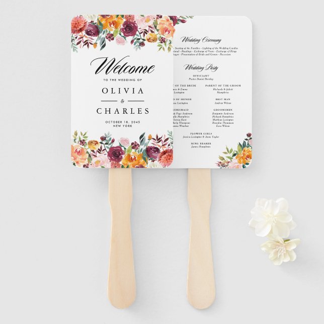 Abanico Programa de Boda de Otoño con Flores de Acuarela (Anverso y reverso)