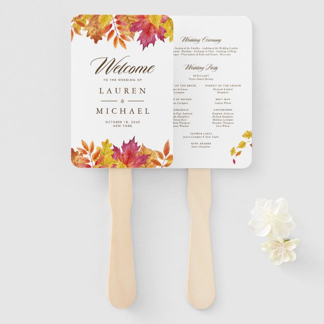 Abanico Programa de Boda de Otoño con Guirnalda de Hojas C (Anverso y reverso)