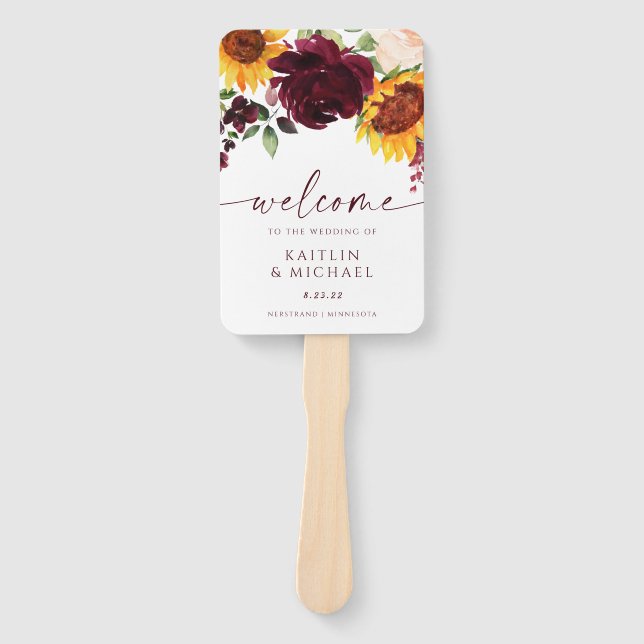 Abanico Programa de Boda de Otoño Girasoles Rosas Borgoña  (Anverso)