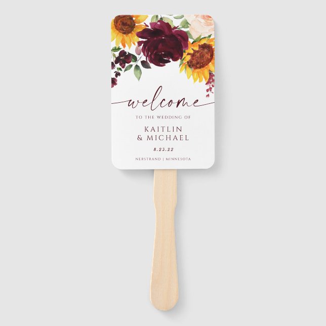 Abanico Programa de Boda de Otoño Girasoles Rosas Borgoña  (Anverso)