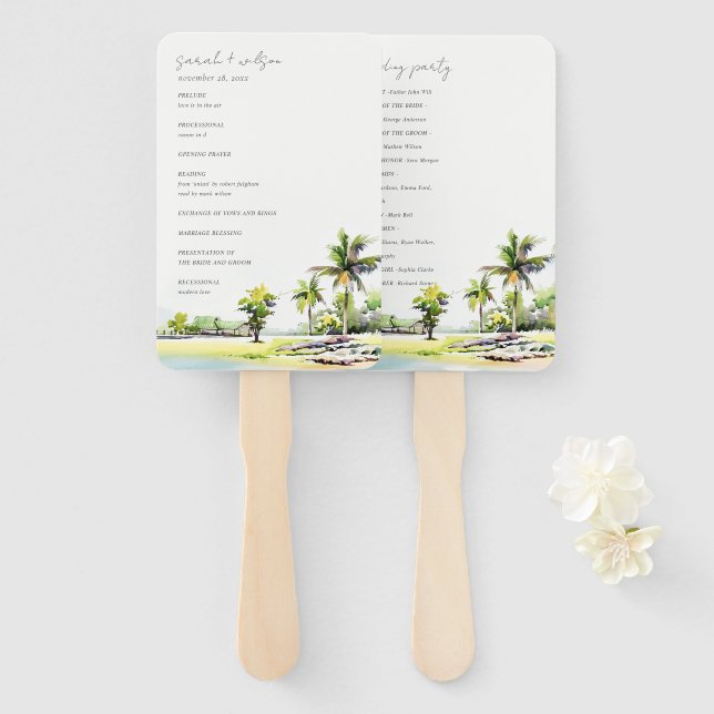 Abanico Programa de Boda de Palm Trees Costeras con Guión  (Anverso y reverso)