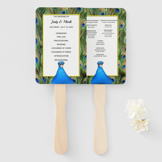 Abanico Programa De Boda De Pavo Verde Y Azul (Anverso y reverso)