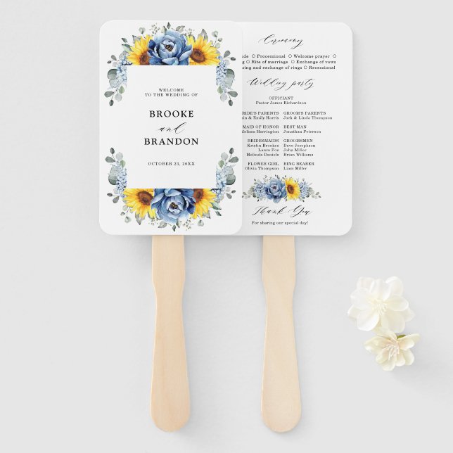 Abanico Programa de Boda de Peones de la Slate Azul Dusty  (Anverso y reverso)