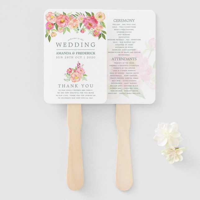 Abanico Programa de Boda de Peonías con Acuarela de Primav (Anverso y reverso)