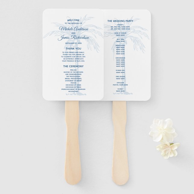 Abanico Programa de Boda de Playa Tropical Palma Azul Mode (Anverso y reverso)