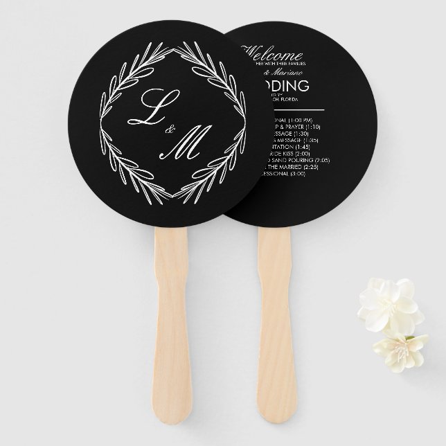 Abanico Programa de Boda de Rama de Guión Monogramado C (Anverso y reverso)