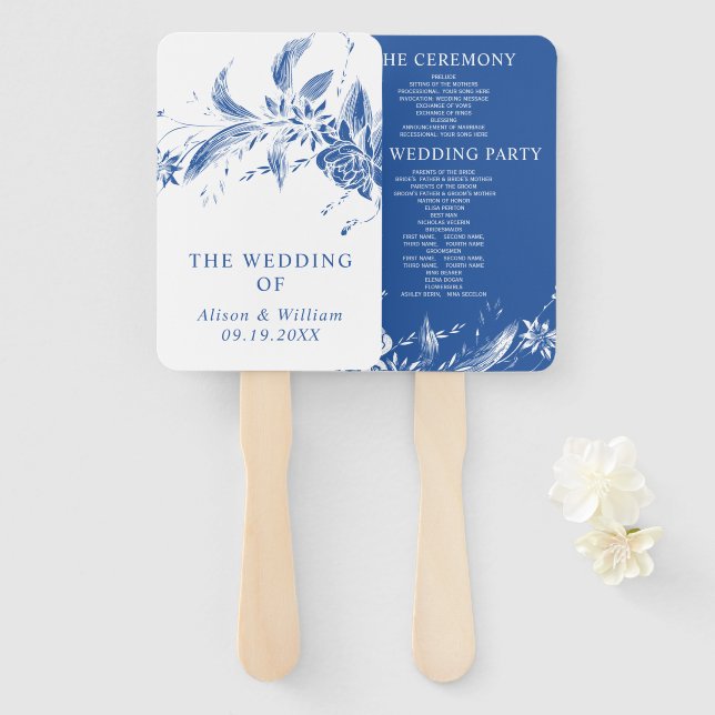 Abanico Programa de boda de ramas azules y blancas (Anverso y reverso)