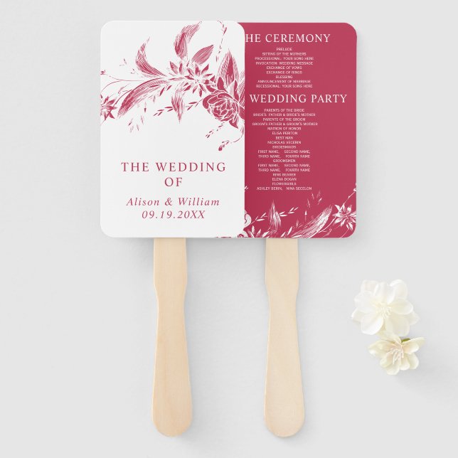 Abanico Programa de boda de ramas viva magenta (Anverso y reverso)