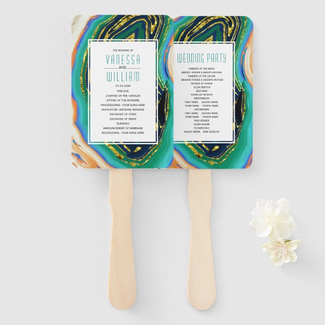 Abanico Programa de boda de Relieve metalizado de oro de c (Anverso y reverso)