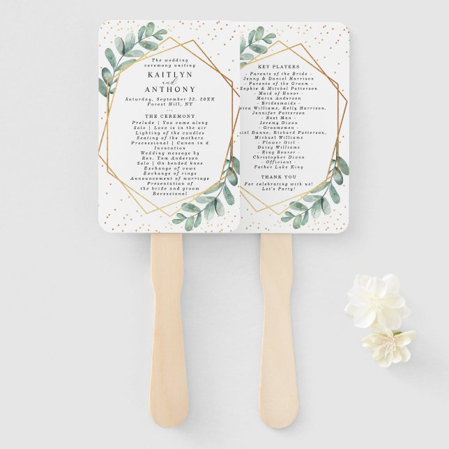 Abanico Programa de Boda de Relieve metalizado dorado Geom (Anverso y reverso)