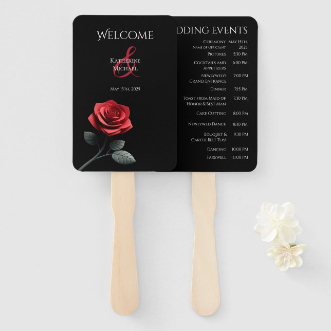 Abanico Programa de Boda de Rosa Roja Única (Anverso y reverso)