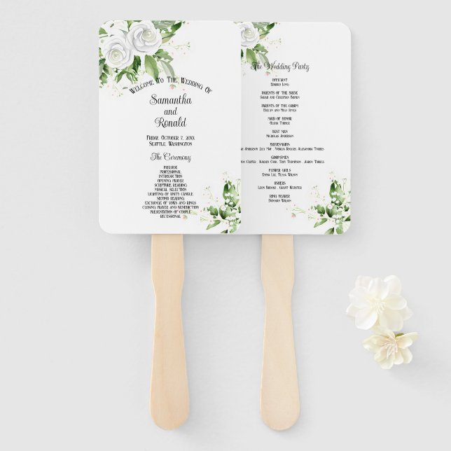 Abanico Programa de Boda de Rosas Blancas y Aliento de Beb (Anverso y reverso)