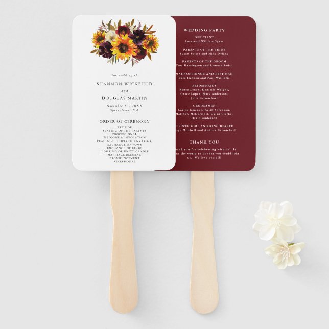 Abanico Programa de Boda de Rosas de Otoño Rústicas Giraso (Anverso y reverso)