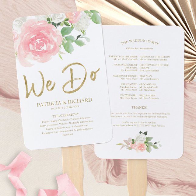 Abanico Programa de Boda de Rosas Rosadas Florales Dorados (Subido por el creador)