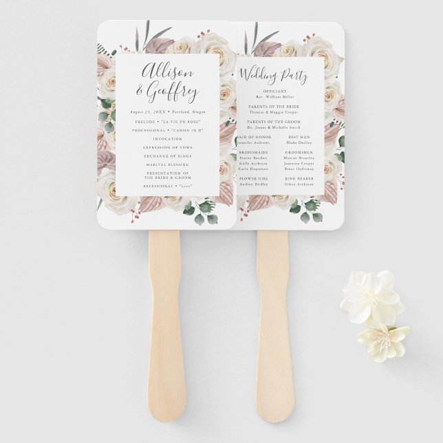 Abanico Programa de Boda de Rosas y Orquídeas en Acuarela (Anverso y reverso)