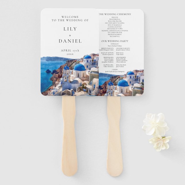 Abanico Programa de Boda de Santorini Grecia en Acuarela (Anverso y reverso)
