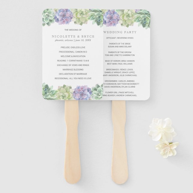 Abanico Programa de Boda de Suculentas Verdes y Moradas (Anverso y reverso)